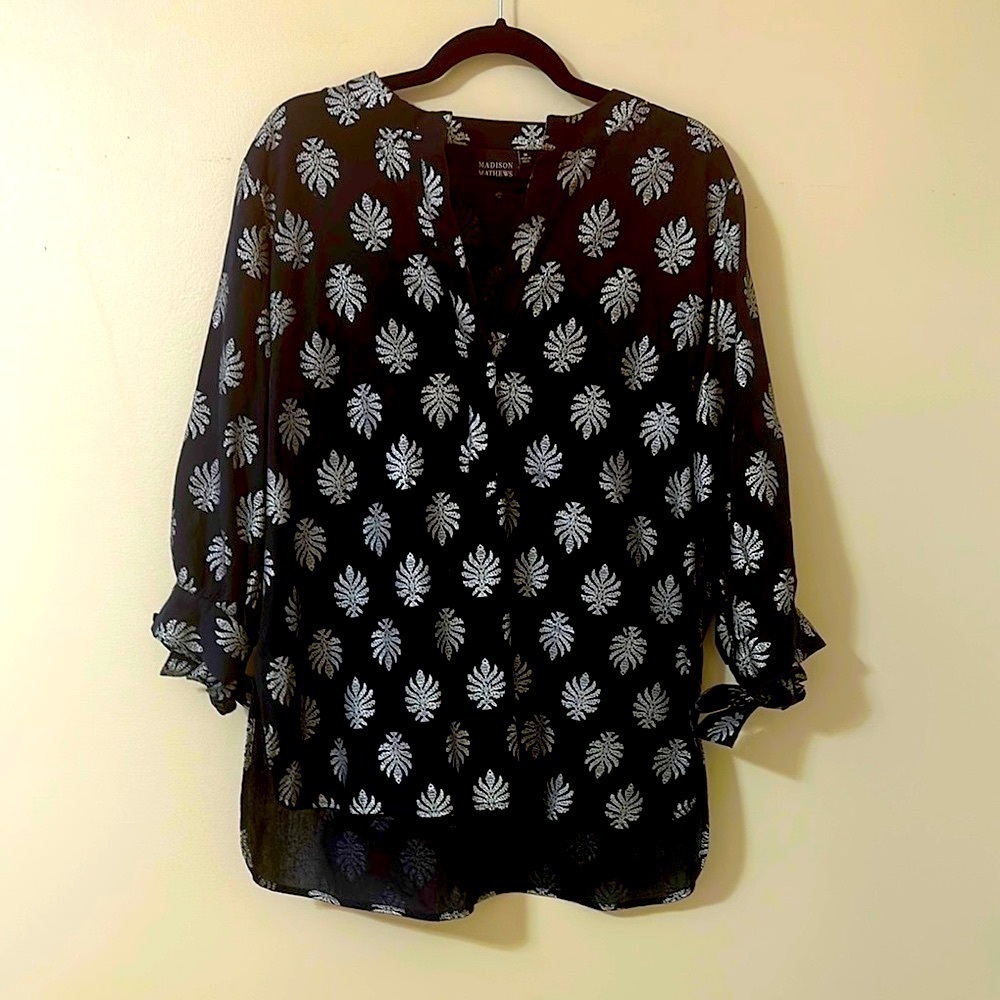 Madison Mathews Navy Printed Cotton Tunic Top Medium Preppy Coastal Resortwear